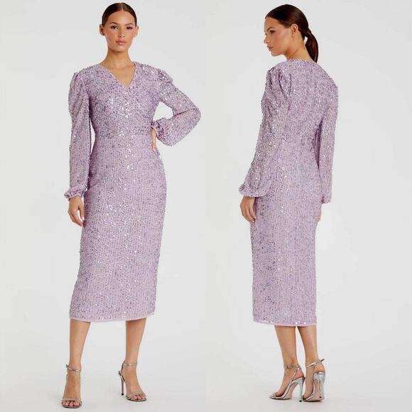 Mac Duggal Sequin Illusion Long Puff Sleeve 107641 Evening Tea Length Midi Dress - Picture 2 of 16